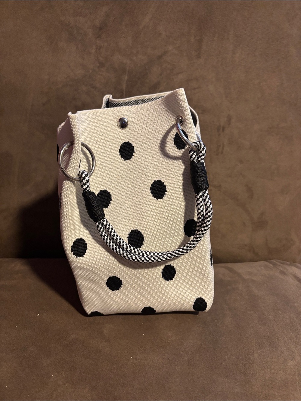 Polka Dot Canvas Bucket Bag - Cream/Black
